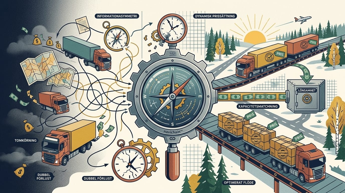 En lastbil som kör på en väg, med en tydlig illustration av hur Navichain visualiserar optimerade rutter och kapacitetsutnyttjande för att minska tomkörning inom transportbranschen.