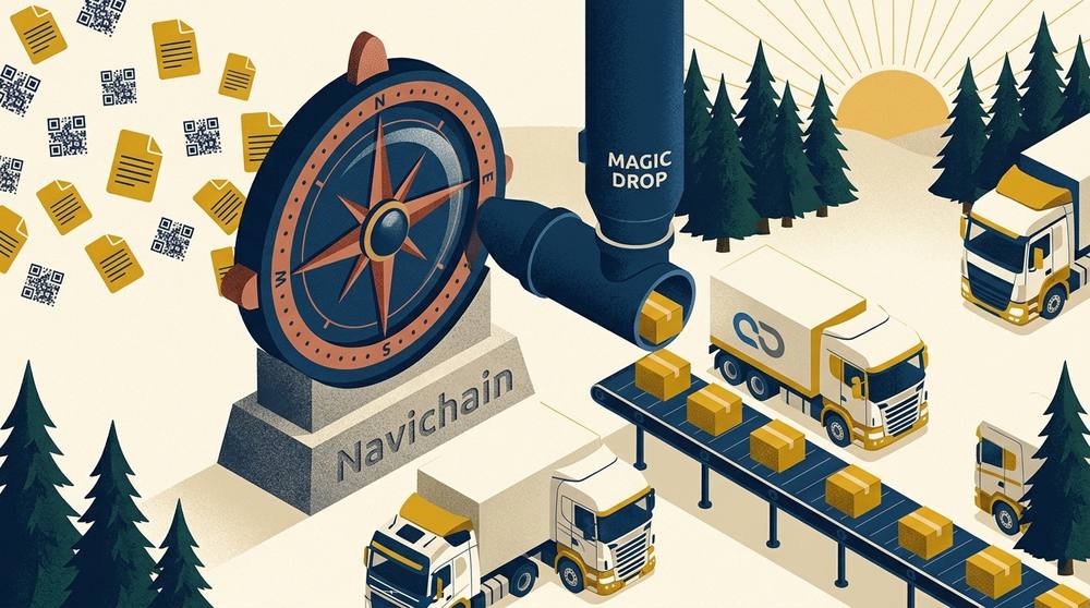 Magic Drop i aktion — ostrukturerade dokument sugs upp av navichains AI-kompass och levereras som organiserade paket till väntande lastbilar