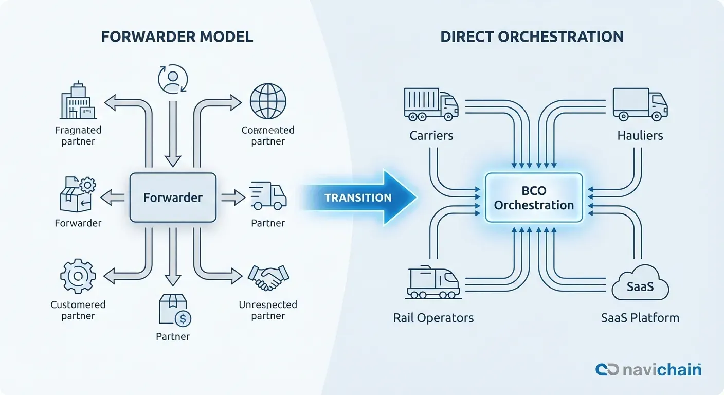 Diagram som visar trenden: BCO:er går direkt till transportörer, vilket påverkar logistikkostnaderna.