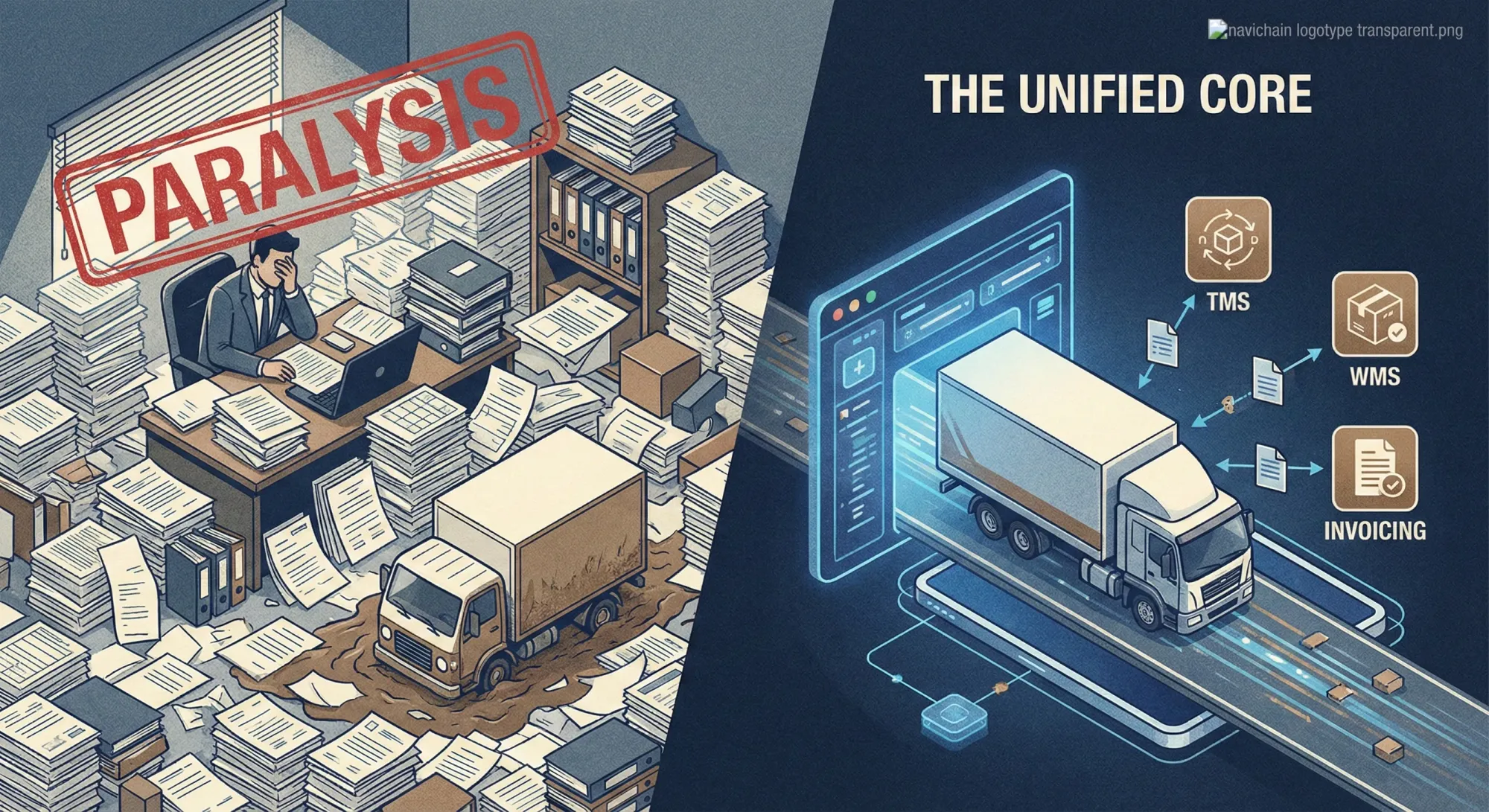 Haulage truck leaving a trail of digital paperwork, symbolising operational paralysis.