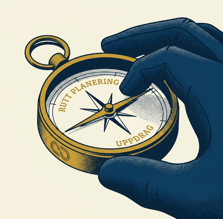 Illustration som visar en chaufför som använder en mobilapp för digital ruttplanering och uppdragshantering, för att eliminera pappersarbete.