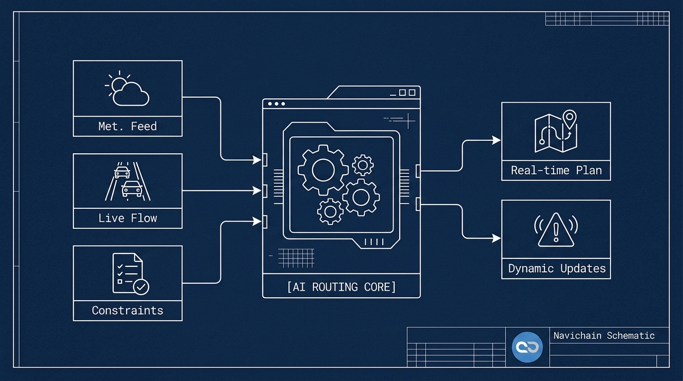 Navichain AI Routing Core schematisk blueprintvy