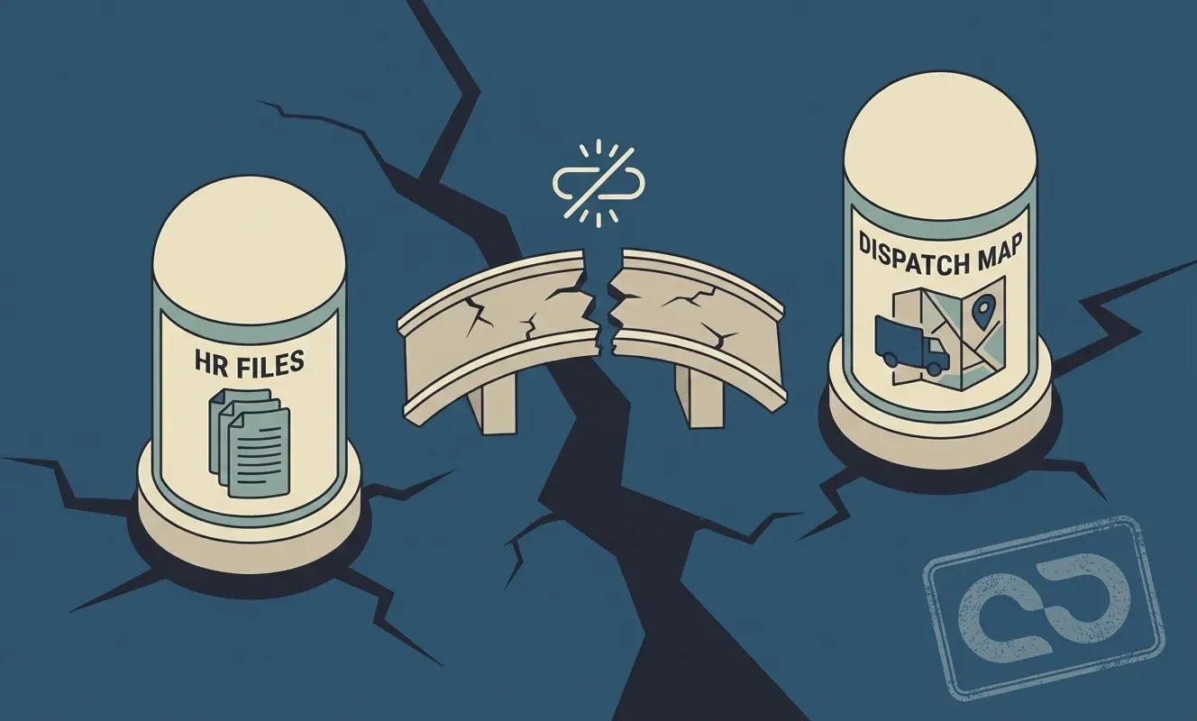 Visual representation of fragmented data: HR files in one silo, Dispatch map in another, causing errors.