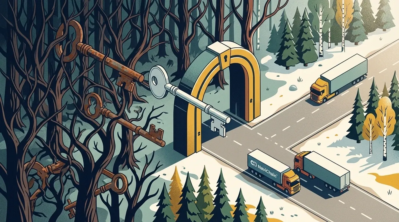 En europeisk logistikmiljö som symboliserar effektivitet och datasuveränitet, med fokus på smart programvara för SME:er inom transport och fältservice.
