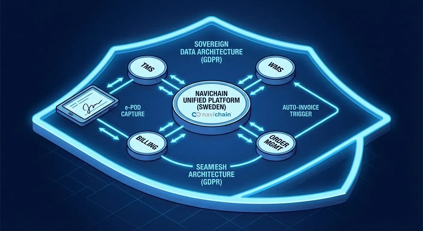 Schematisk översikt över automatiserad e-POD process, integrerad med fakturering, för snabbare betalningar.