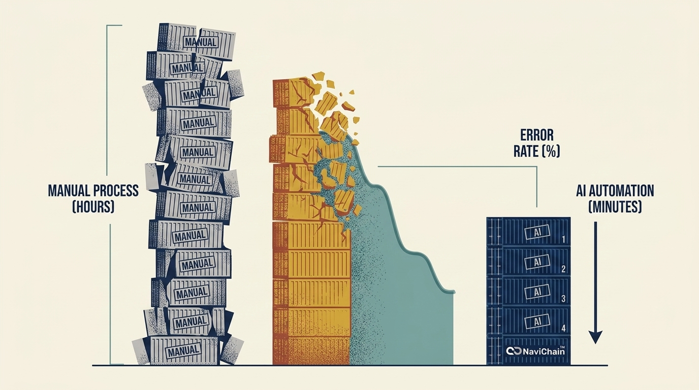 Dramatisk infografik: instabil stapel av manuella bokningar mot ett kompakt AI-torn — Manual Process (Hours) vs AI Automation (Minutes)