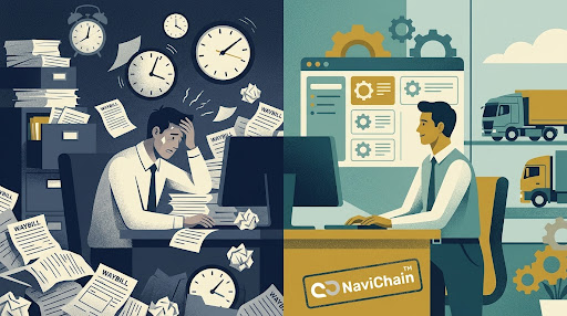En illustration som visar hur digitala processer för frakthantering, realtidsövervakning av regelefterlevnad och säker AI-dataanalys effektiviserar transportlogistik.