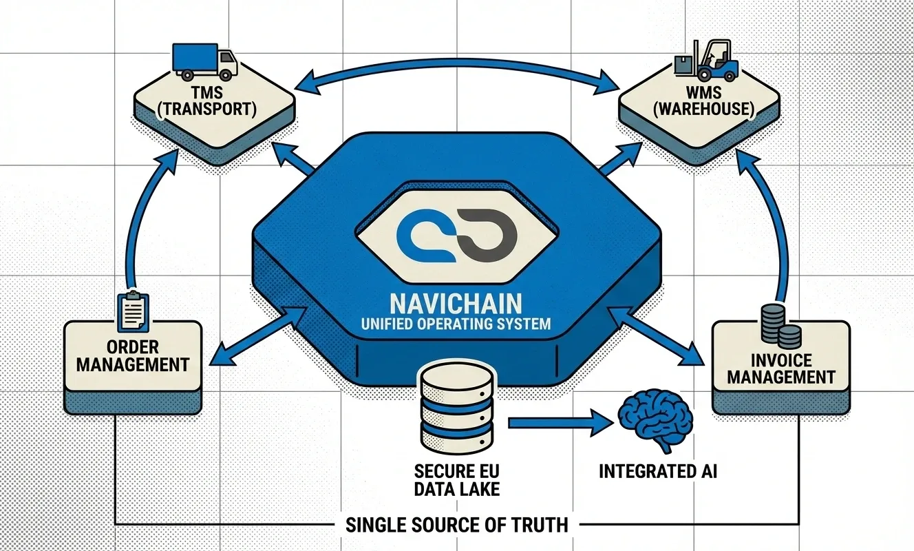 Interconnected logistics system showing data flow and cost reduction for strategic advantage.