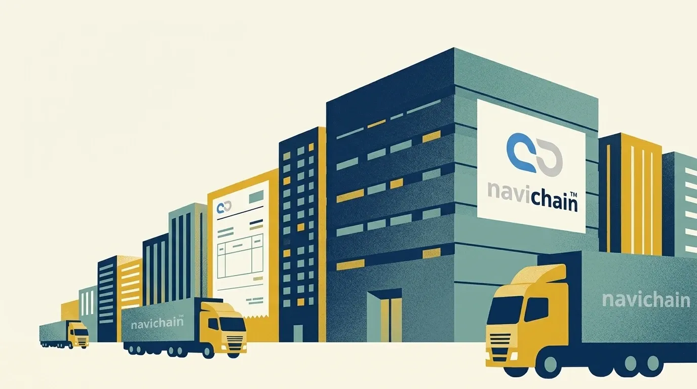 Visuell representation av ett organiserat, automatiserat logistikarbetsflöde och en ifylld databas.