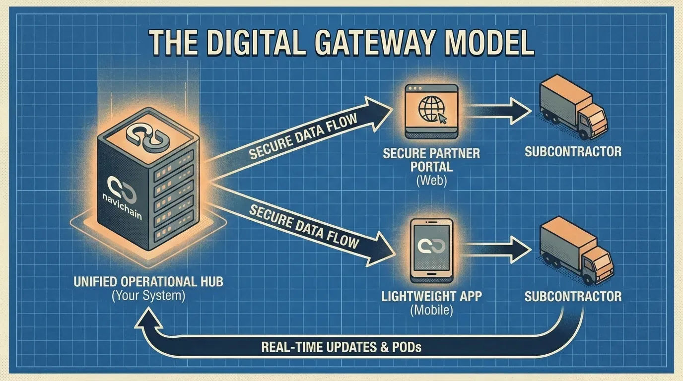 Digital Gateway model: secure, unified logistics ecosystem, controlled data, partner access.