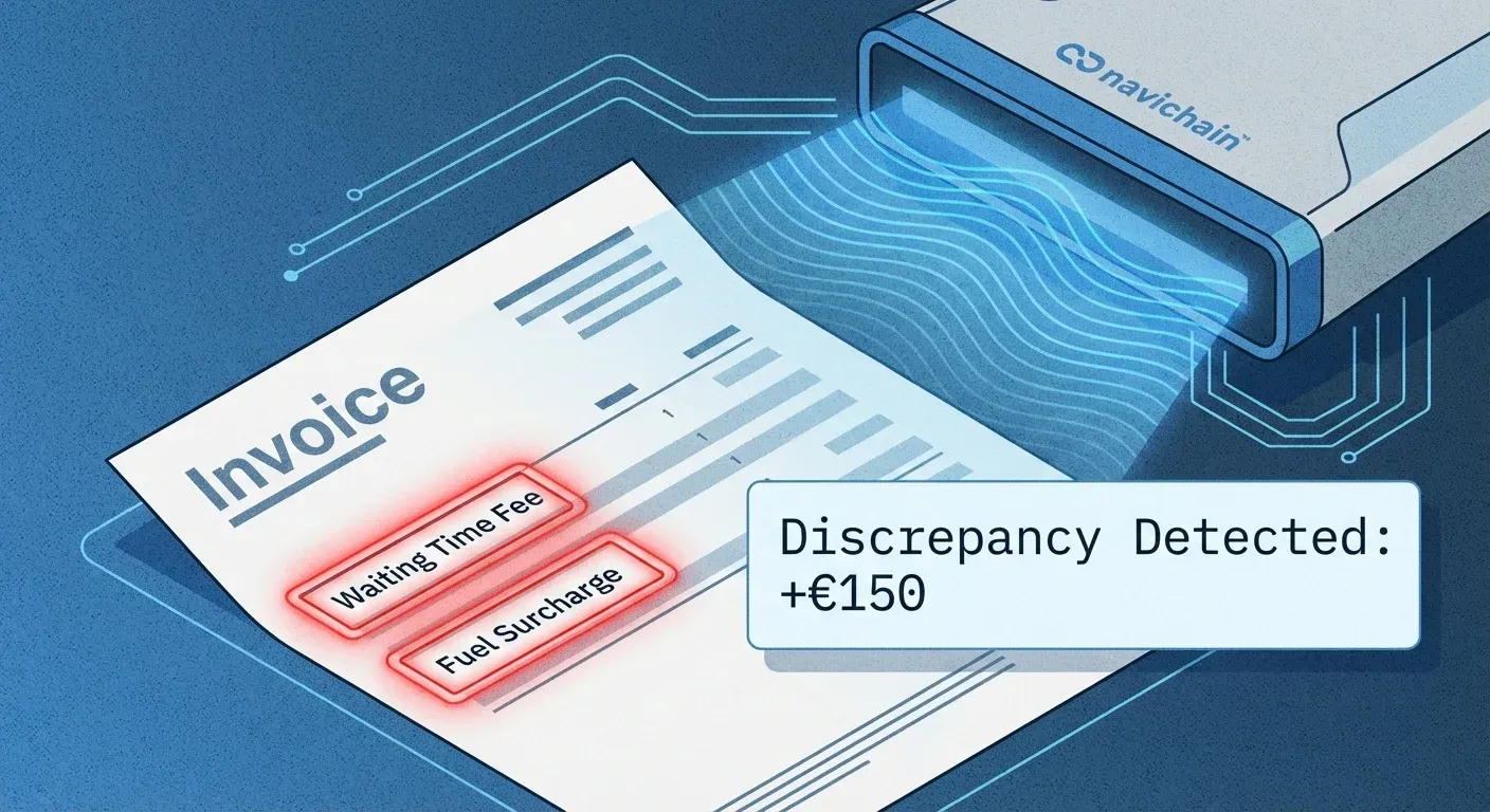 A magnifying glass scanning a digital invoice and highlighting a red error.