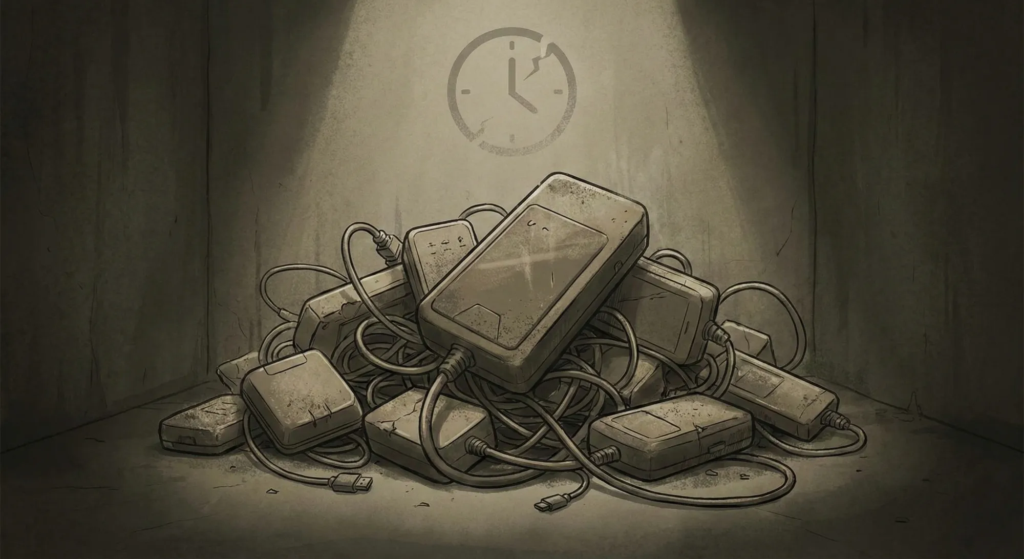 A pile of obsolete GPS trackers and cables, representing the cost of owning hardware.