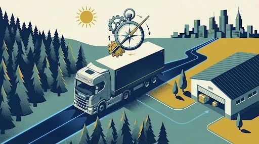En diagrammatisk representation av en digitaliserad leveranskedja med ikoner för order, ruttplanering och realtidsspårning, symboliserande full transparens och kontroll.