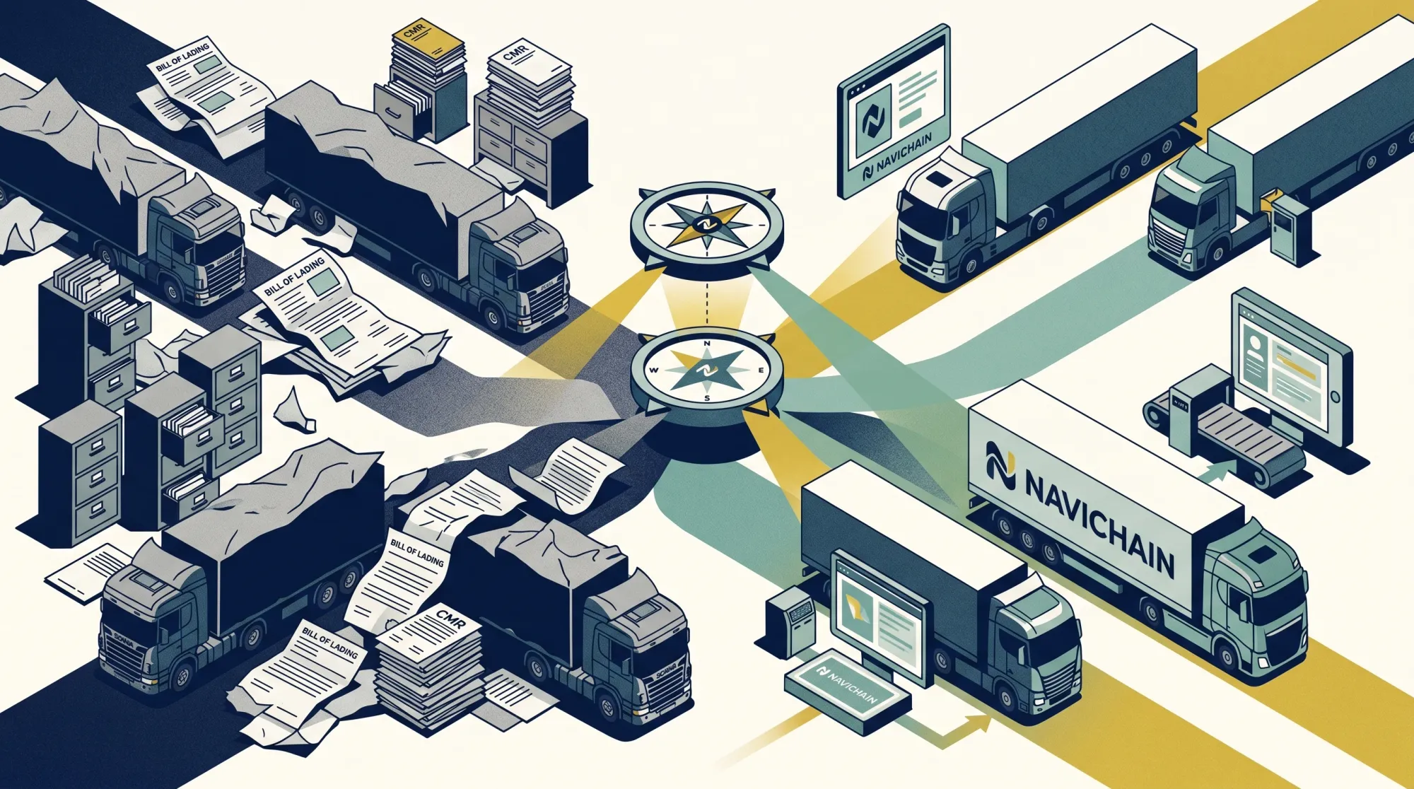 En modern transportflotta med lastbilar som symboliserar effektiv ruttoptimering och logistik, driven av AI-teknik och ett Transport Management System (TMS).