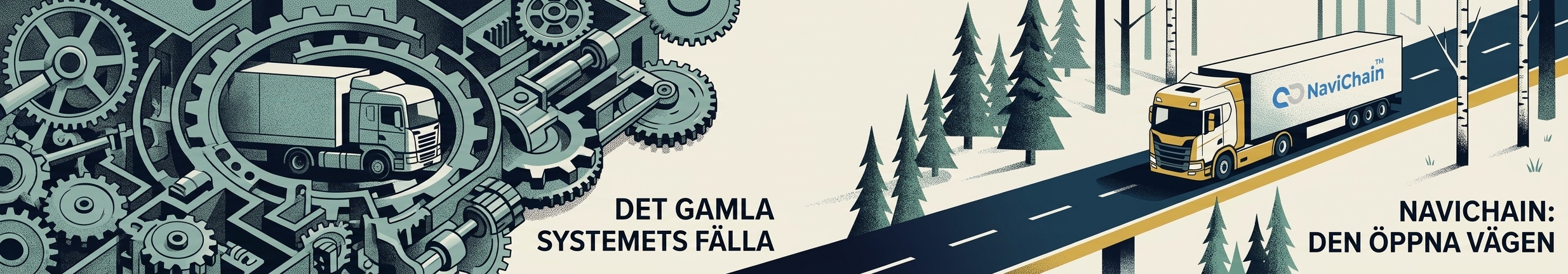 Det gamla systemets fälla (kugghjul) jämfört med NaviChain — den öppna vägen genom skandinavisk natur