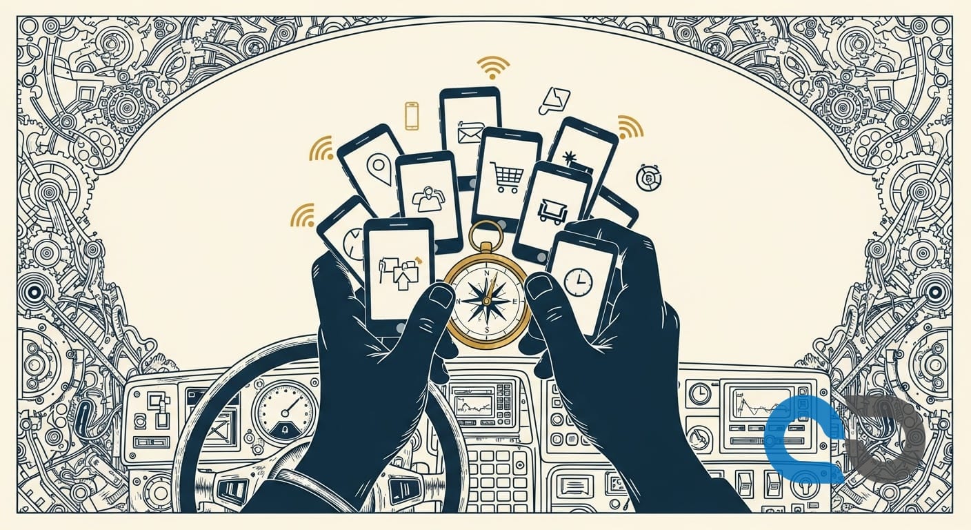 En chaufför använder en integrerad mobilapp för att hantera rutter och dokumentation, vilket minskar stress och ökar effektiviteten i transportbranschen.