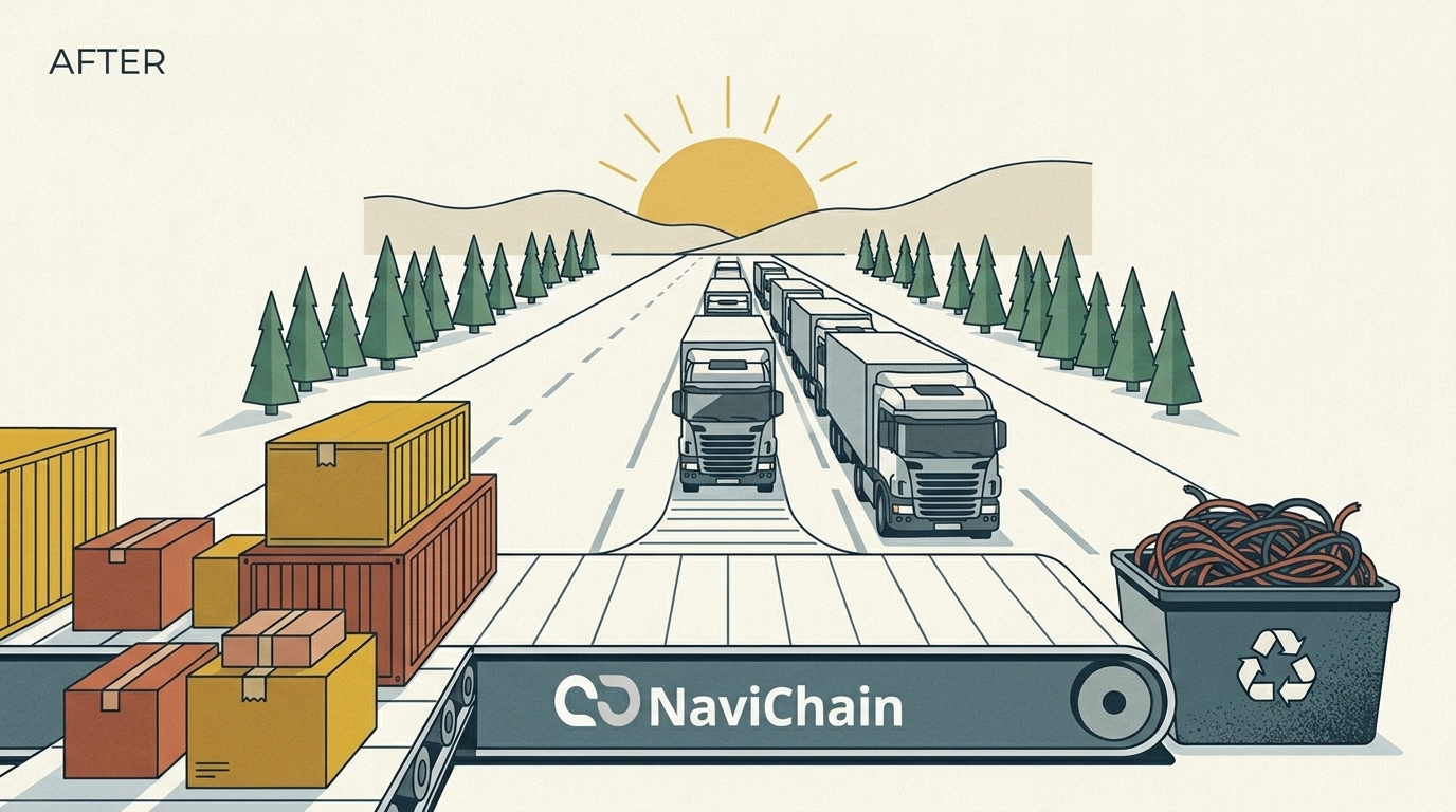 Navichain After — lastbilar på öppen väg mot horisonten, logistikbälte med paket och containrar