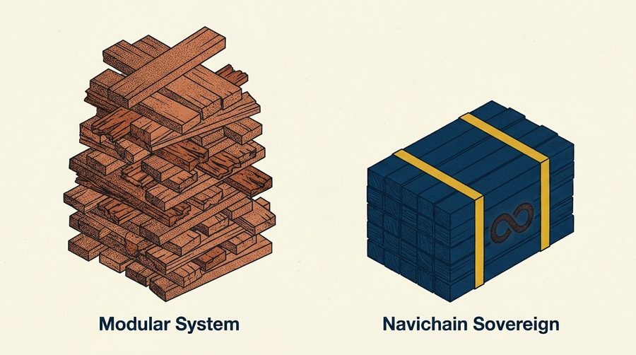 Modulärt kaos (oordnad träpall) vs navichain Sovereign (sammanbunden välordnad enhet)
