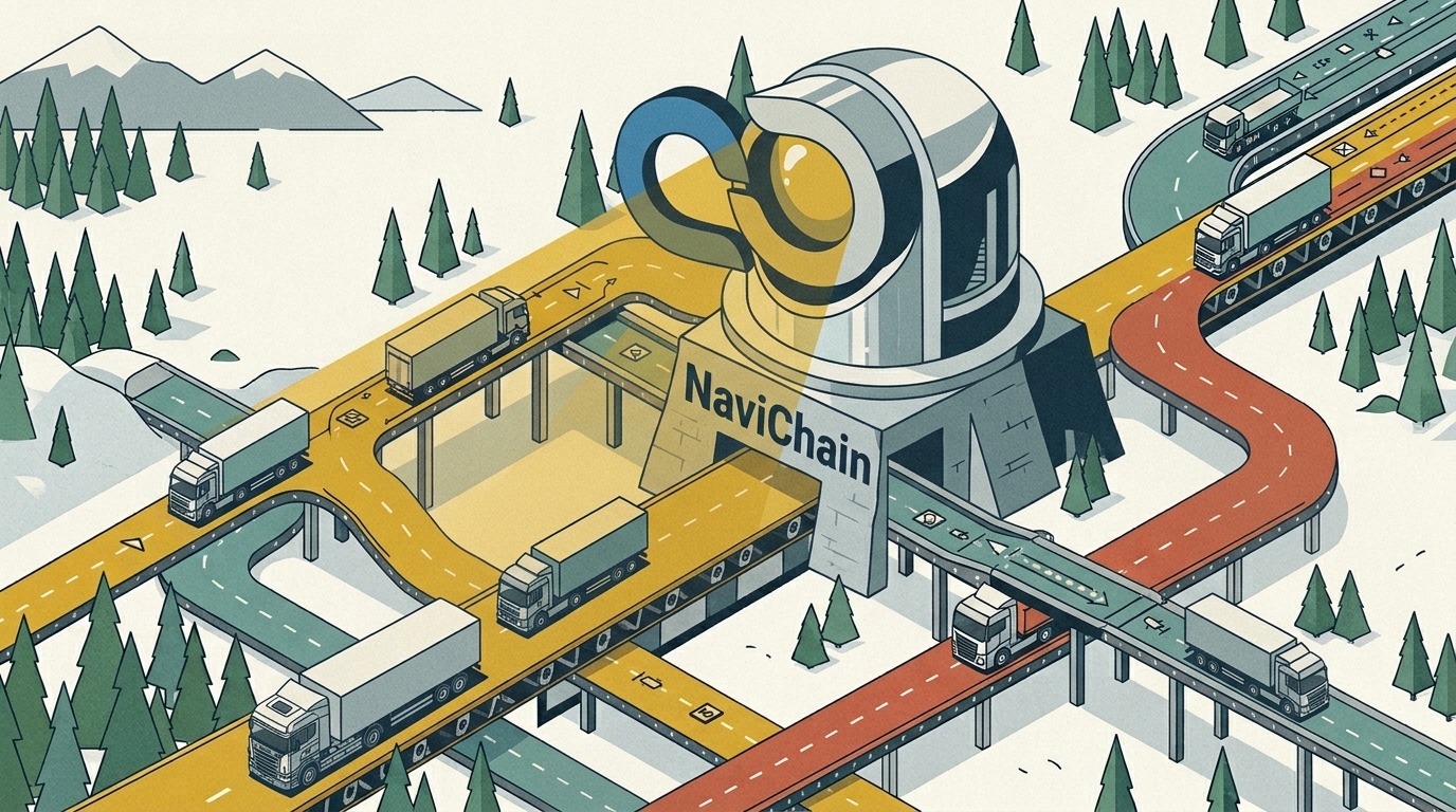 Navichain Smart Routing — isometrisk illustration av flottknutpunkt i skandinaviskt vinterlandskap
