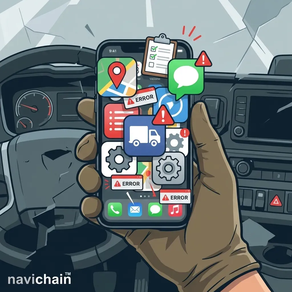 A frustrated driver juggling multiple apps, highlighting the problem of app overload.