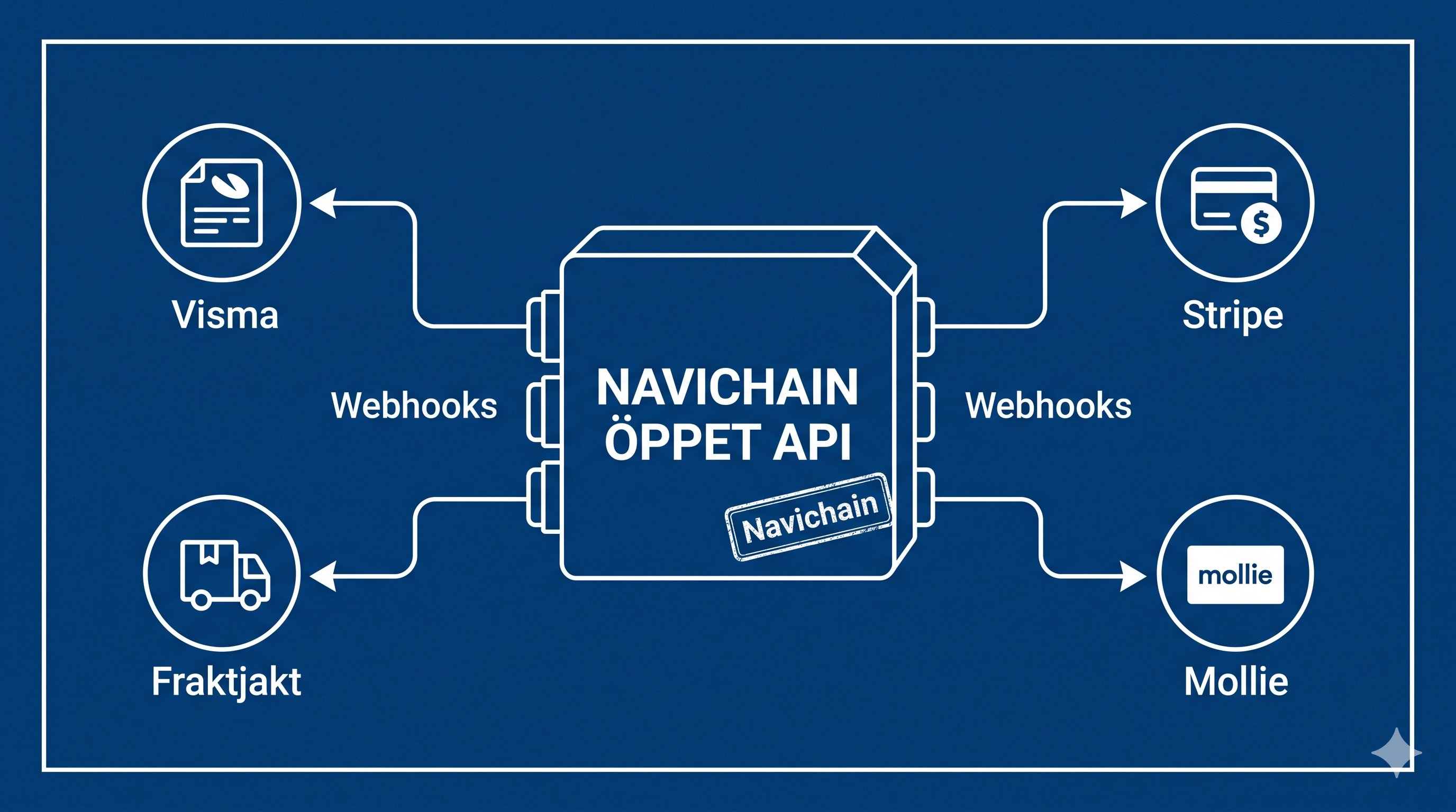 Navichain Öppet API-schema: kopplingar mot Visma, Stripe, Fraktjakt och Mollie via webhooks — teknisk ritning på blå bakgrund