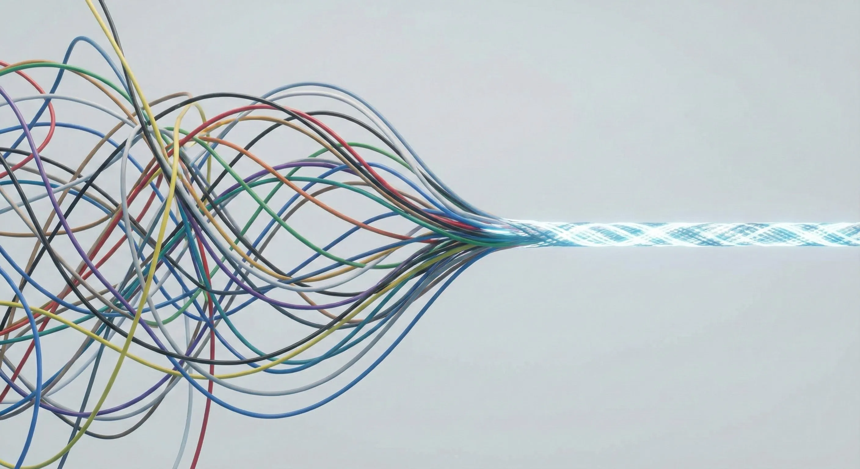 Abstract visualization of chaotic data cables merging into a single unified stream.