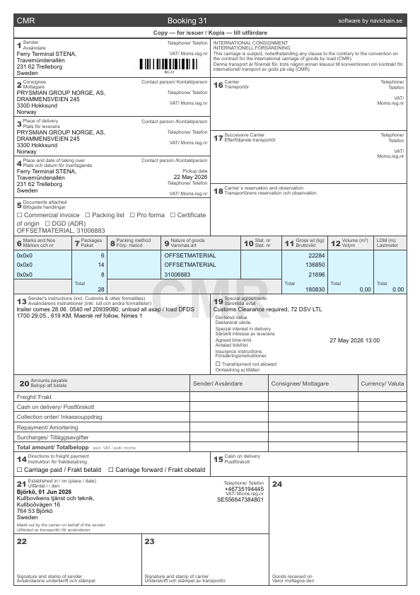 Sample CMR consignment note generated by navichain