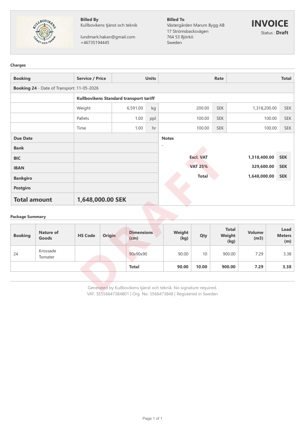 Sample invoice generated by navichain