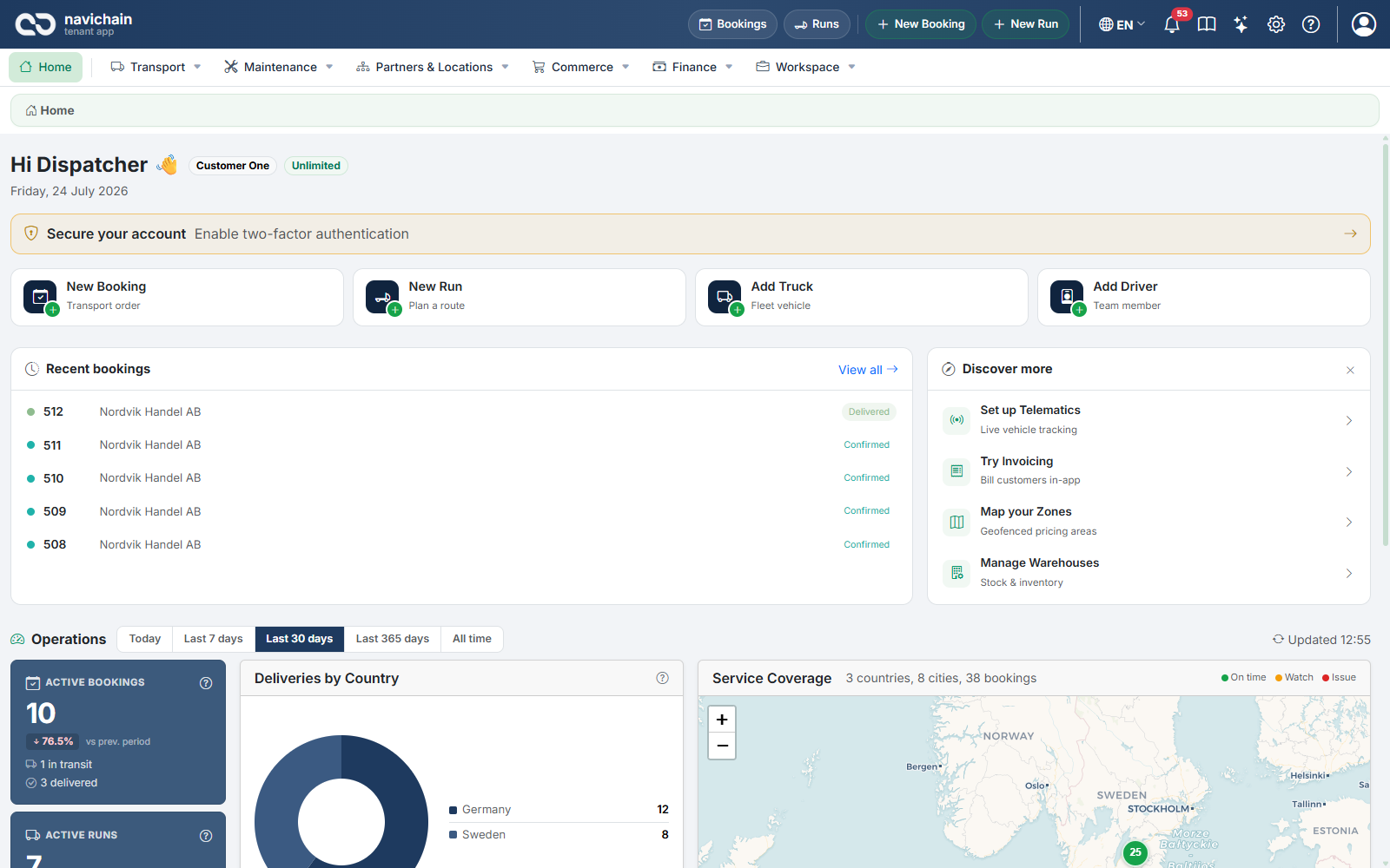 Operations overview with bookings and stock