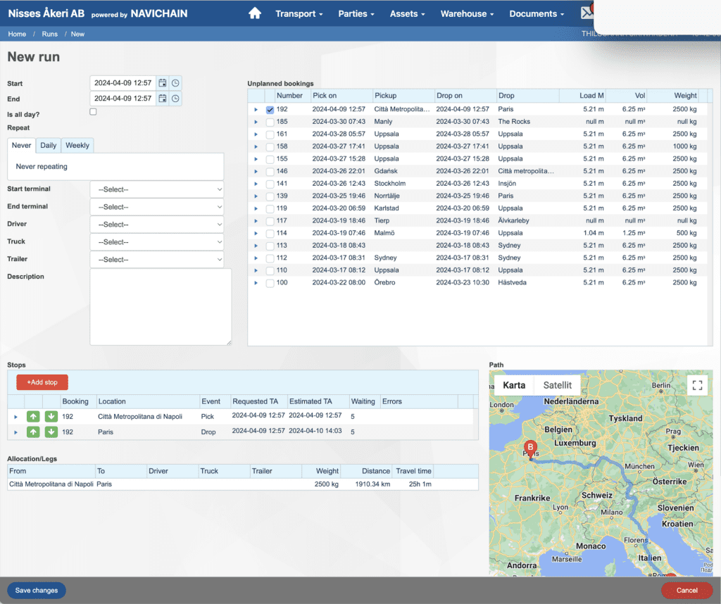 Example of a transport run in navichain SaaS